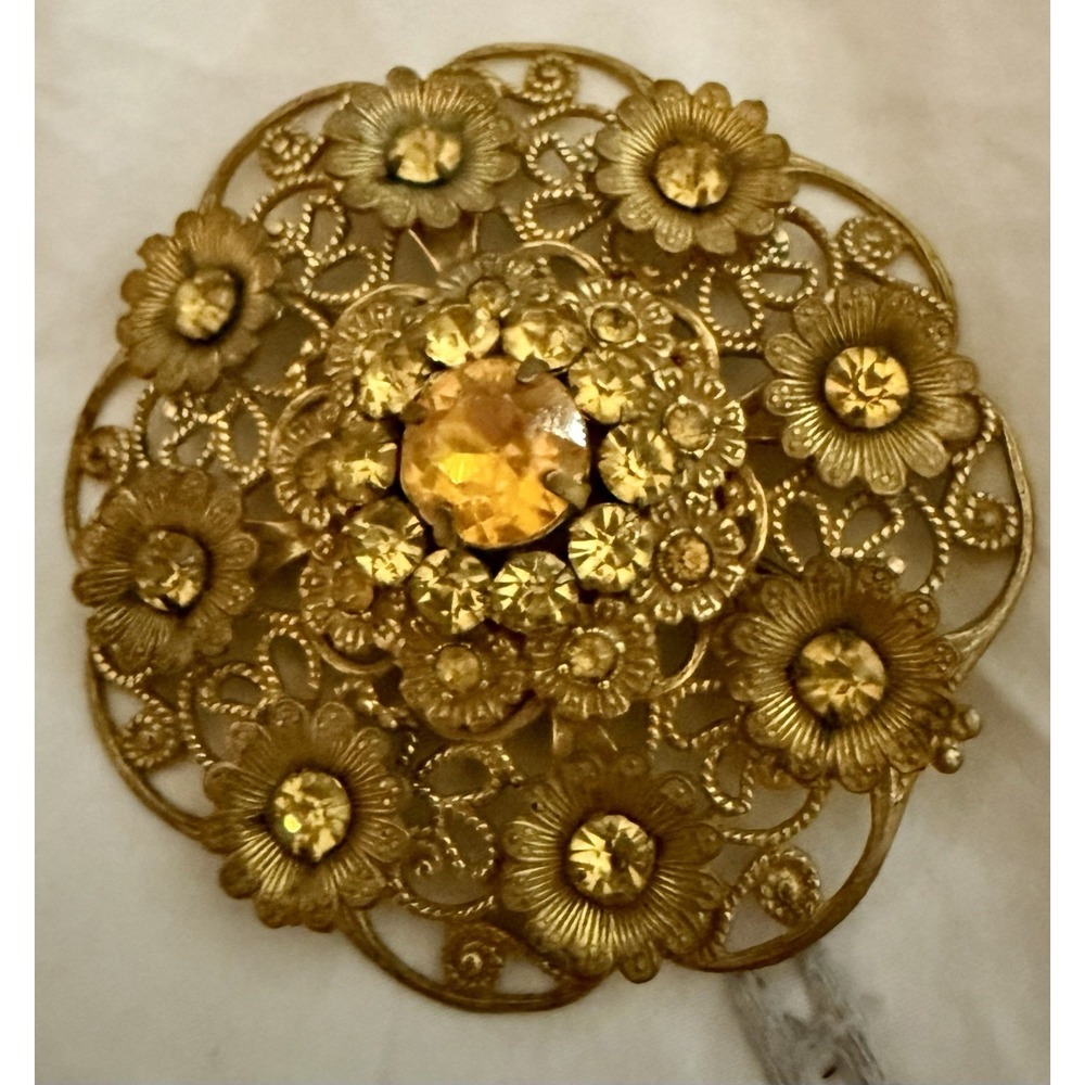 Vintage Antique Czech Gilt Filigree Yellow Topaz Glass Brooch Pin-Estate